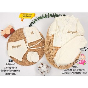 Resim Gros Shop Yeni Doğan Müslin 4'lü Kimono Bağcıklı Tulum %100 Pamuk Organik Kişiye Özgü İsimli Nakış Desenli Ekru-2 