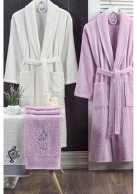 Resim 4lü Bornoz - Nakışlı Havlu Seti Cora Leylak - Erkek Krem S/m Leylak - Erkek Krem 