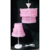 Resim Pembe Fırfırlı Kız Çocuk Odası Yatak Odası Avize Abajur Seti 