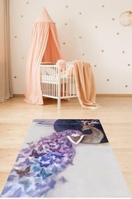 Resim Pelangi Kelebek Elbiseli Sevimli Kız Geyik Yıkanabilir Kaymaz Taban Leke Tutmaz Çocuk Odası Halısı, Lila 160 x 240 
