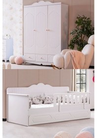Resim Flower Çocuk Odası Takımı, Flower Yavrulu Karyola, 3 Kapaklı Dolap - Beyaz Renkli 