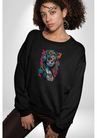 Resim Kulaklık Müzik Dinleyen Kız Unisex Siyah Baskılı Sweatshirt Siyah 