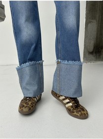 Resim Kadın Ters Paça Püskül İşlemli Bol Paça Kot Pantolon Mavi 