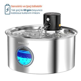 Resim Haustier W2 Otomatik Sensörlü Bataryalı Ultra Sessiz Çelik 3.2L Hazne Kablosuz Kedi Su Pınarı 