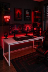 Resim Flinder Beyaz Oyuncu Masası 60x140, Çalışma Masası, Bilgisayar Masası, Gamer Masa, Metal Ayaklı 