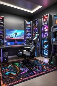 Resim Rever Şönil Oyuncu Odası Halısı Kaymaz Pamuk Tabanlı Yıkanabilir Antibakteriyel Gamer, Gaming Halısı 200x250 