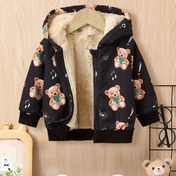 Resim 1 adet Erkek Çocuk Kışlık Kapüşonlu Fermuarlı Peluş Astarlı Ceket - Yumuşak Polar Astarlı Uzun Kollu Mont, Sevimli Çizgi Film Ayı & Müzik Notaları Tasarımı, Fermuarlı Kapanış, Bebekler & Çocuklar İçin Makinede Yıkanabilir (sonbahar/kış) - Rahat Dış Giyim, Çocuk Kışlık Giyim, Çocuk 