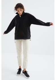 Resim Tommy Life Siyah Yarım Fermuar Etek Ucu Büzgülü Dik Yaka Oversize Kadın Polar Sweatshirt - 97236 Siyah 