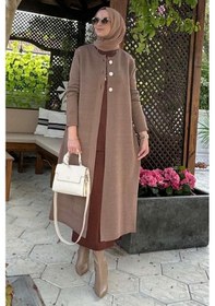 Resim Rabia Şamlı Sinem Çelik Örme Triko Hırka Sütlü Kahve Çok Renkli 