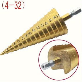 Resim 1 Adet Titanyum Kaplamalı Yüksek Hız Çeliği Basamak Matkap Ucu 4-12mm - Ahşap ve Metal Delme için, Profesyonel & DIY Projeler İçin Dayanıklı Hassas Kesim Aleti, Çok Yönlü Delme, Net Ölçüm İşaretleri, Titanyumlu Çelik 