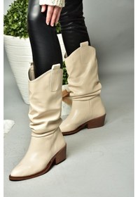 Resim Fox Shoes R280080509 Bej Alçak Topuklu Büzgülü Kadın Çizme Bej 