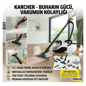 Resim Karcher 3'ü 1 Arada Buharlı Temizlik Makinesi Buhar Vakum ve Kurulama Özelliği Bir Arada Hepa Filtreli Alerjen Karşıtı Buharlı Mop Süpürge Karcher Sv 7 