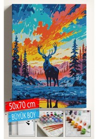 Resim Sayılarla Boyama Seti Numaralı Tuval Fırça Boya Dahil Kasnaklı Set 50x70 Cm - Renkli Geyik 