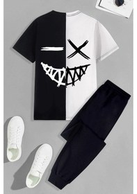 Resim Unisex Cartoon Face Baskılı 2'li Eşofman Takımı Siyah 
