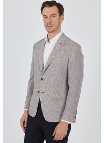 Resim İmza Kazayağı Desen Bez Ayağı Mono Yaka Yarım Astar Keten Karışımlı 6 Drop Slim Fit Ceket 1002250102 Bej 
