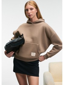 Resim Grimelange CLARIE Kadın Organik Pamuklu Oversize Kanguru Cepli Kapüşonlu Vizon Sweatshirt 