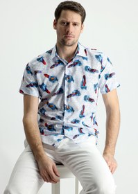 Resim Beyaz Kısa Kol Slim Fit Dar Kesim Baskılı Pamuk Gömlek 