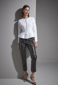 Resim Düğmeli Peplum Beyaz Triko Ceket 