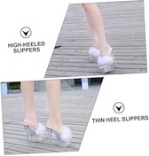 Resim Fluffy İnce Topuklu Sandaletler Kadın Şeffaf Yüksek Topuklu Açık Ayakkabıları Yaz 