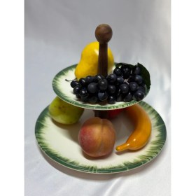 Resim Aless 2 Katlı Yeşil Detaylı Yuvarlak Ahşap Kulplu Seramik Sunumluk Çerezlik Meyvelik 