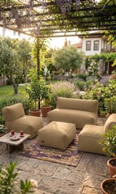 Resim Velvet Serisi Armut Bahçe Mobilyası, Balkon Takımı Su Geçirmez Kumaş 2+1+1 + Puf - Bej 