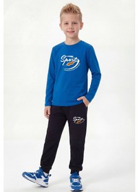 Resim Panios Kids Yuvarlak Yaka Sweatshirt Paça Lastikli Eşofman Alt Baskılı Uzun Kollu Erkek Çocuk Alt Üst Takım Mavi 