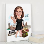 Resim Dünyayı Gezen Kadın Karikatürlü Kanvas Tablo 