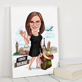 Resim Dünyayı Gezen Kadın Karikatürlü Kanvas Tablo 