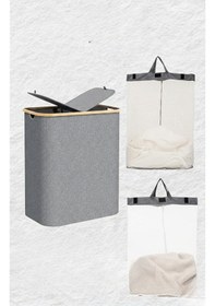 Resim Bambu Çerçeveli 150 Litre Kapaklı Katlanabilir Çamaşır Sepeti, 2 Bölmeli Kirli Sepeti 70 X 57 X 37 Gri 