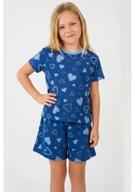 Resim Breeze Kız Çocuk Şortlu Pijama Takımı Kalp Desenli 4-8 Yaş, İndigo 