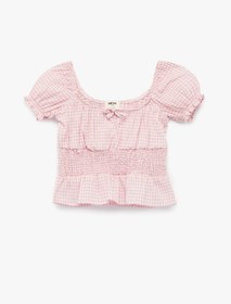 Resim Koton Fiyonklu Pötikare Desenli Pembe Kız Çocuk Bluz 6SKG60103AW 
