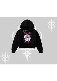 Resim Kapşonlu Crop Sweatshirt Kawaii Cyberpunk Kız Japon Stil Baskı Siyah 