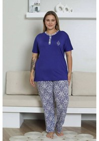 Resim Alimer Kadın Saks Mavi 3 Düğmeli Etnik Desen Likralı Viskon Kısa Kol Pijama Takımı Lacivert 