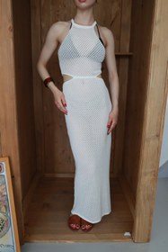 Resim LOISY Kadın Halter Yaka Ajurlu Maxi Boy Plaj Elbise 