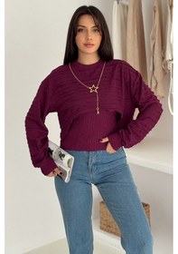 Resim Kadın Dokulu Atlet & Kolye & Sweatshirt Takım Sıcak & Şehirli Stil Bordo 