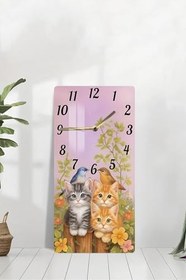 Resim Sevimli Kedi Ve Kuş Temalı Temperli Cam Tablo Saat - 30X60 Cm | Hd Uv Baskı- Cusd153,Cusd153 30 X 60 