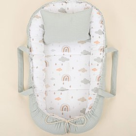 Resim Babynest ve Yastık - Çift Taraflı - Açık Yeşil Petek - Yeşil Gökkuşağı 