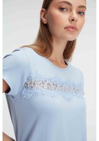 Resim Man9885-1014 Anil Ev Giyim Man9885 Anıl 9885 Kısa Kol Bisiklet Yaka Kadın Viskon Çiçek Desenli Yazlık Örme Dantel Detaylı Pijama Takımı Mavi 