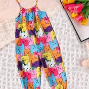 Resim Sevimli Kız Çocukları için Kedi Baskılı V-Yaka Tulum ve Fırfırlı Askılı - Renkli Polyester Tulumlar İlkbahar/Sonbahar için, Makinede Yıkanabilir, Dış Mekanlar için Mükemmel 