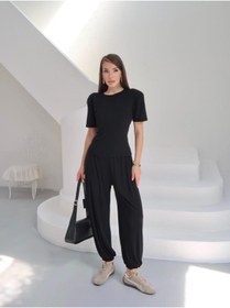 Resim TrendButikBurada Siyah Basic Rahat Kalıp İkili Alt Üst Takım - Kadın Şalvar Pantolon Tişört Kombin 