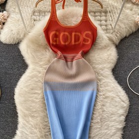 Resim Kadınların Gökkuşağı Yazısı Vücut Giyim Elbisesi - Kolsuz, Ribbed, Renk Blok Tasarımı Turuncu, Bej ve Mavi, Yaz için Mükemmel, Günlük Parti Giyim, Parti Kıyafeti | Renk Blok Elbisesi | Ribbed Dokulu 