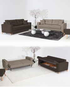 Resim Velura Home & Living Nola Koltuk Takımı 3+3 & Bazalı Yataklı Koltuk & Kanepe - Keten 