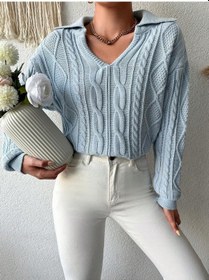 Resim Örgü Desenli Polo Yaka Dekolte Detaylı Triko Kazak Bebe Mavisi Bebe Mavi 