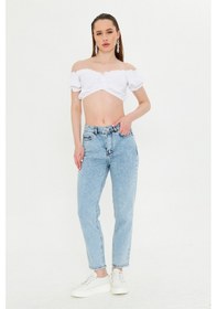 Resim Kutaf Kar Yıkama Açık Mavi Slim Fit Mom Jean Açık Mavi 