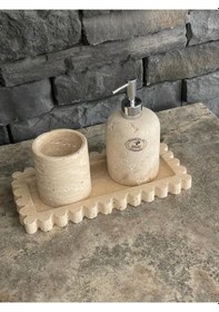 Resim Dekoratif Tepsili Traverten 3'lü Banyo Takımı Beyaz 