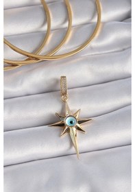 Resim Pirinç Gold Renk Zirkon Taşlı Kutup Yıldızı Nazar Boncuk Detay Ajda Charm 