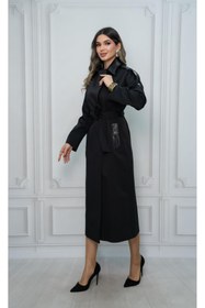 Resim Eccim Fashion Deri Detaylı Broşlu Sade Uzun Kadın Ceket Trençkot 
