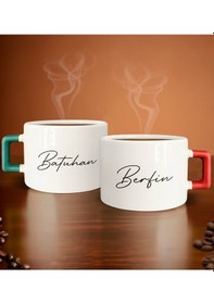 Resim Bk Gift Kişiye Özel İsimli Tarihli Yeşil Ve Kırmızı Kulplu 2li Çay & Kahve Fincanı, Arkadaşa Hediye, Sevgiliye Hediye Kobitmeyencom29887 Bk Gift 