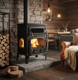 Resim Reyo Stove Kemah Üç Camlı Yan Kapak Fırınlı Döküm Şömine Soba 
