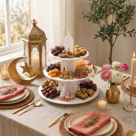 Resim Ramazan İkramlık Servis Standı - Yuvarlak 3 Katlı Akrilik Sunumluk - 45x45 cm / Beyaz 